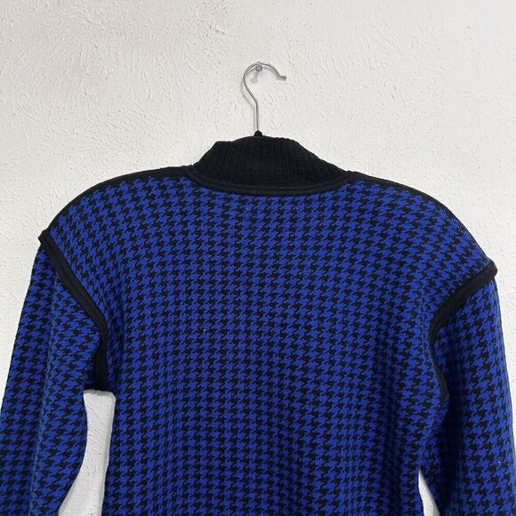 Morgan Taylor VTG 80s Houndstooth Sweater 100% Wool Size M Blue Black Mockneck - Picture 7 of 12
